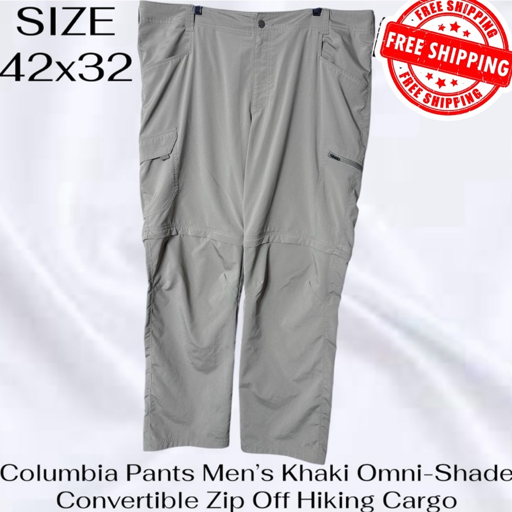 Columbia Pants Mens 42x32 Khaki Omni-Shade Convertible Zip Off Hiking Cargo